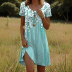 Vintage Blommönstrad Klänning i Bomull och Polyester – Kortärmad, Ovanför Knäet - STILUNA