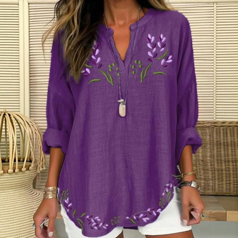 Vintage Blus i Bomull och Polyester med Blommönster - Långärmad V - ringning för Dam - STILUNA