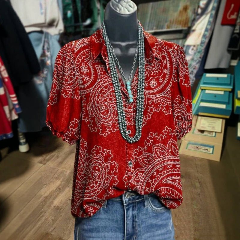 Vintage Blus i Bomull och Polyester med Kort Ärmar och Krage – Tryckt Mönster - STILUNA