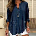 Vintage Blus i Bomull och Polyester med Lång Ärmlängd och V - Ringning - STILUNA