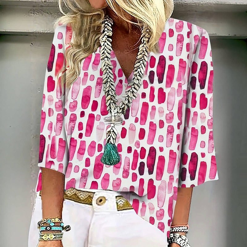 Vintage Blus i Bomull och Polyester med Trekvartsärm och V - Ringning – Perfekt för Vår och Sommar - STILUNA