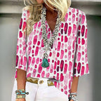 Vintage Blus i Bomull och Polyester med Trekvartsärm och V - Ringning – Perfekt för Vår och Sommar - STILUNA