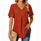 Vintage Blus i Bomull och Polyester med V - Ringning – Kortärmad för Vår och Sommar - STILUNA