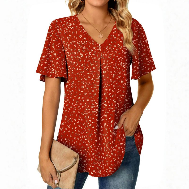 Vintage Blus i Bomull och Polyester med V - Ringning – Kortärmad för Vår och Sommar - STILUNA