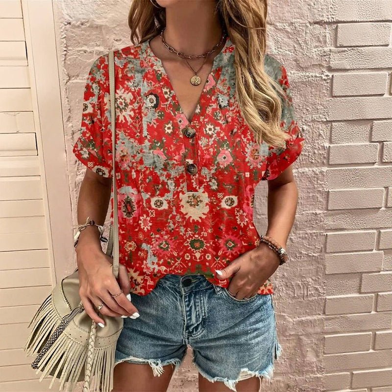 Vintage Blus i Bomull och Polyester med V - Ringning och Knappar – Kortärmad för Vår och Sommar - STILUNA