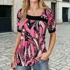 Vintage Blus med Abstrakt Mönster och Knappar – Kortärmad i Bomull och Polyester - STILUNA