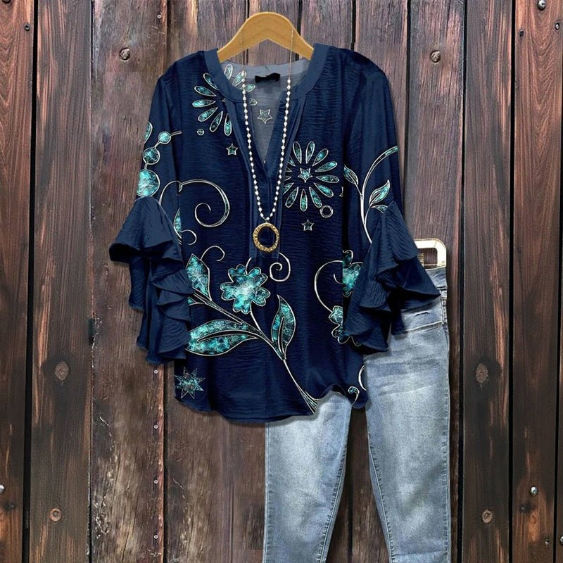 Vintage Blus med Blommönster i Bomull och Polyester – Halvlång Ärmar med V - Ringning - STILUNA