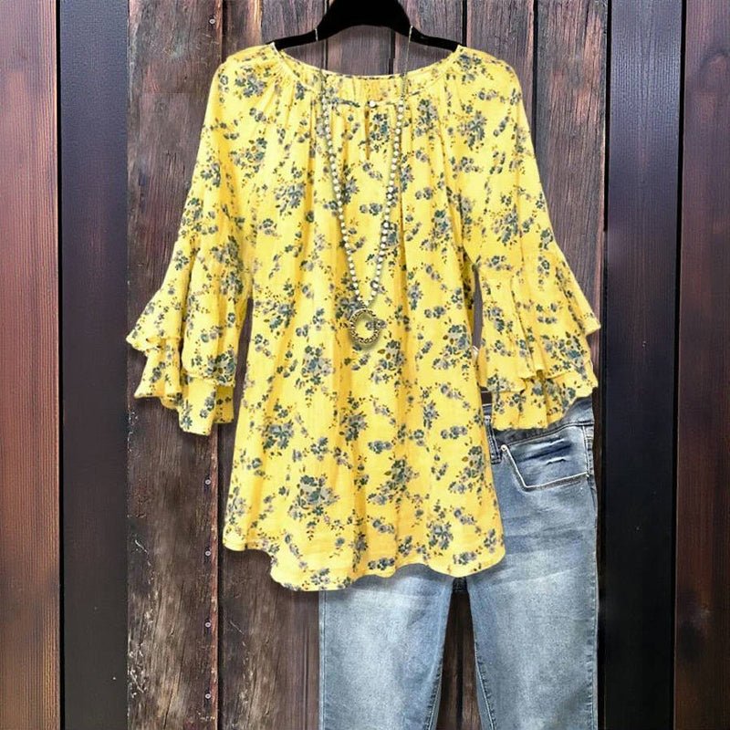 Vintage Blus med Blommönster i Bomull och Polyester – Halvlång Ärmar och Rund Halsringning - STILUNA