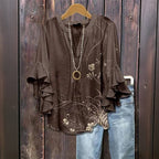 Vintage Blus med Blommönster i Bomull och Polyester – Halvlång Ärmar och V - Ringning - STILUNA