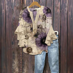 Vintage Blus med Blommönster i Bomull och Polyester – Halvlång Ärmar och V - Ringning - STILUNA