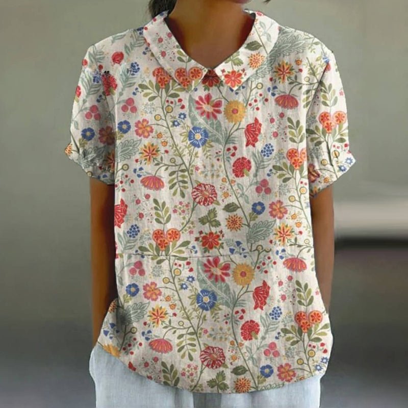 Vintage Blus med Blommönster i Bomull och Polyester – Kortärmad med Krage - STILUNA