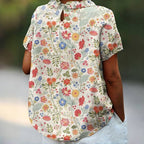 Vintage Blus med Blommönster i Bomull och Polyester – Kortärmad med Krage - STILUNA
