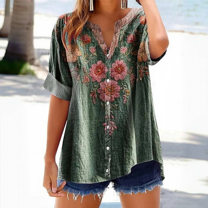 Vintage Blus med Blommönster i Bomull och Polyester – Kortärmad V - Ringning för Vår och Sommar - STILUNA