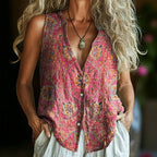 Vintage Blus med Etniskt Tryck – Ärmlös V - Ringning i Bomull och Polyester - STILUNA