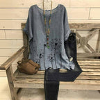 Vintage Blus med Maskrostryck i Bomull och Polyester – Trekvartsärm och Rund Halsringning - STILUNA