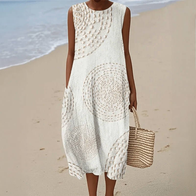 Vintage Casual Klänning i Bomull och Polyester – Ärmlös Midi Klänning med Fickor - STILUNA