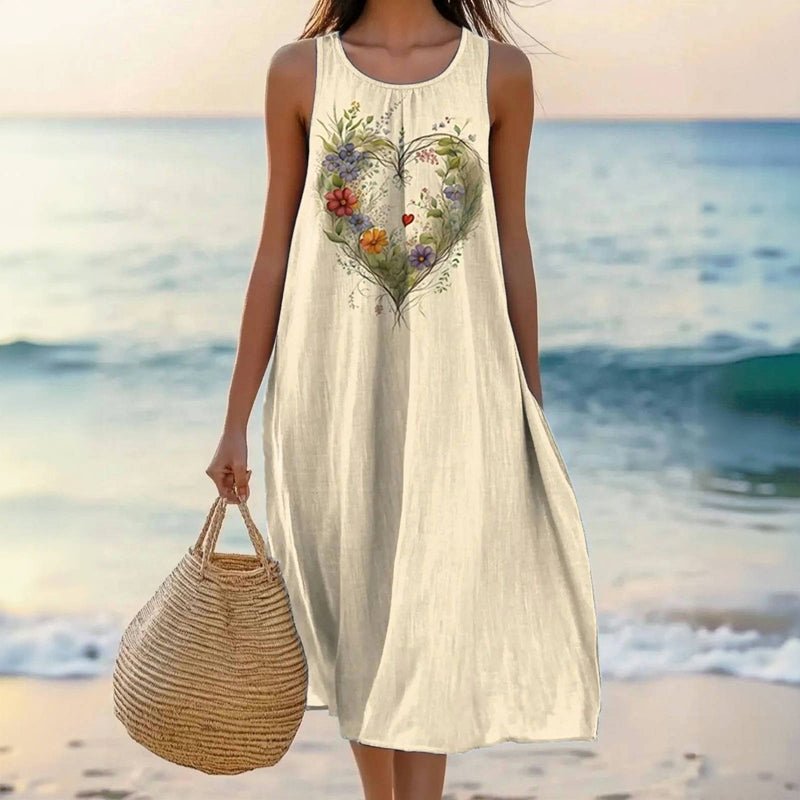 Vintage Klänning med Hjärttryck – Ärmlös, Rund Hals, Midikjol för Vår och Sommar - STILUNA