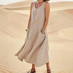 Vintage Midi Klänning i Bomull och Polyester med Fickor – Ärmlös U - Ringning - STILUNA