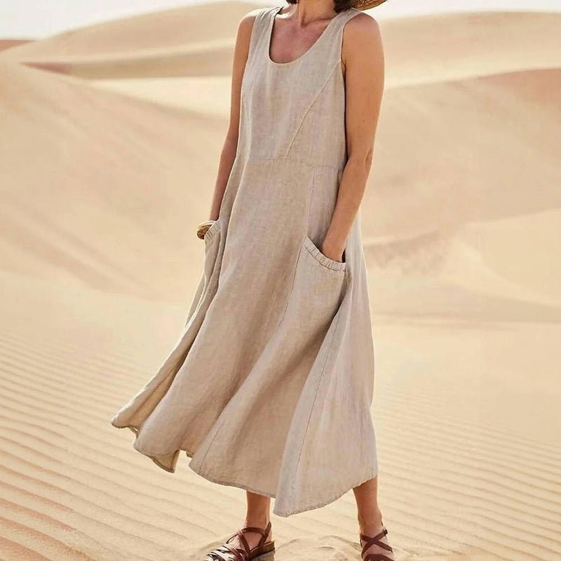 Vintage Midi Klänning i Bomull och Polyester med Fickor – Ärmlös U - Ringning - STILUNA