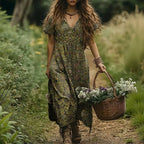 Vintage Midi Klänning i Bomull och Polyester med V - Ringning – Kortärmad - STILUNA