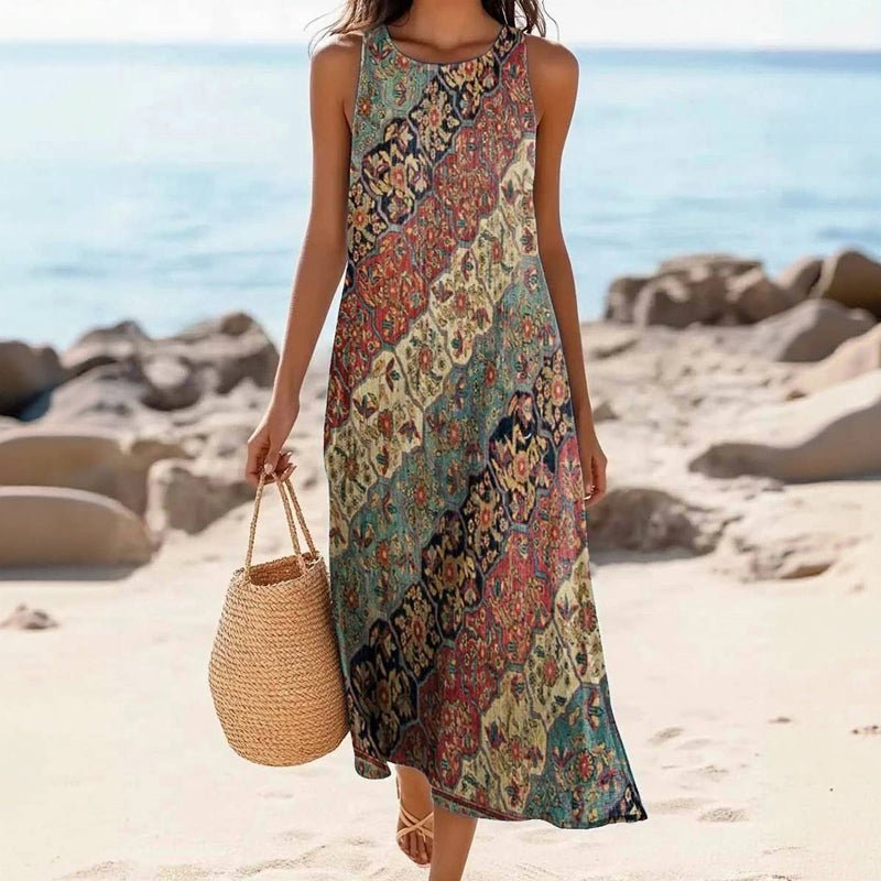 Vintage Midi Klänning med Etniskt Mönster i Bomull och Polyester - STILUNA