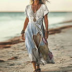 Vintage Midi Klänning med Hjärttryck – Kortärmad V - Ringning i Bomull och Polyester - STILUNA