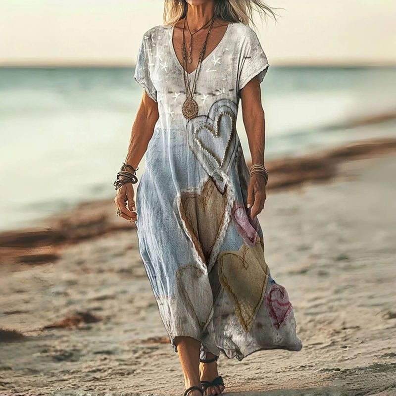 Vintage Midi Klänning med Hjärttryck – Kortärmad V - Ringning i Bomull och Polyester - STILUNA