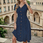 Vintage Prickig Klänning i Bomull och Polyester – Kortärmad V - Ringning - STILUNA