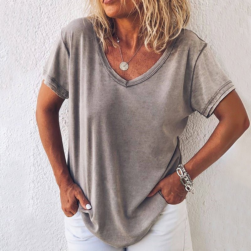 Vintage T-Shirt i Bomull och Polyester med V - Ringning – Kortärmad för Vår och Sommar - STILUNA