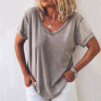 Vintage T-Shirt i Bomull och Polyester med V - Ringning – Kortärmad för Vår och Sommar - STILUNA