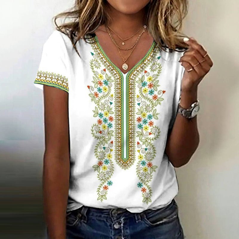 Vintage T-Shirt i Bomull och Polyester med V - Ringning – Kortärmad för Vår och Sommar - STILUNA