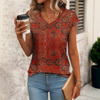 Vintage T-Shirt i Bomull och Polyester med V - Ringning – Kortärmad för Vår och Sommar - STILUNA