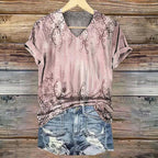 Vintage T-shirt med Bladmönster i Bomull och Polyester – Kortärmad V - Ringning - STILUNA