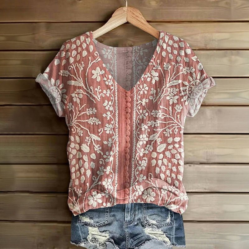 Vintage T-shirt med Blommigt Tryck – Kort Ärmar och V - ringning - STILUNA