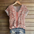 Vintage T-shirt med Blommigt Tryck – Kort Ärmar och V - ringning - STILUNA