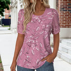 Vintage T-shirt med Blommigt Tryck – Kortärmad U - Ringning i Bomull och Polyester - STILUNA