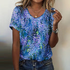 Vintage T-shirt med Blommigt Tryck – Kortärmad U - Ringning i Bomull och Polyester - STILUNA