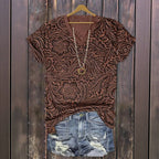 Vintage T-shirt med Blommigt Tryck – Kortärmad V - Ringning för Vår och Sommar - STILUNA