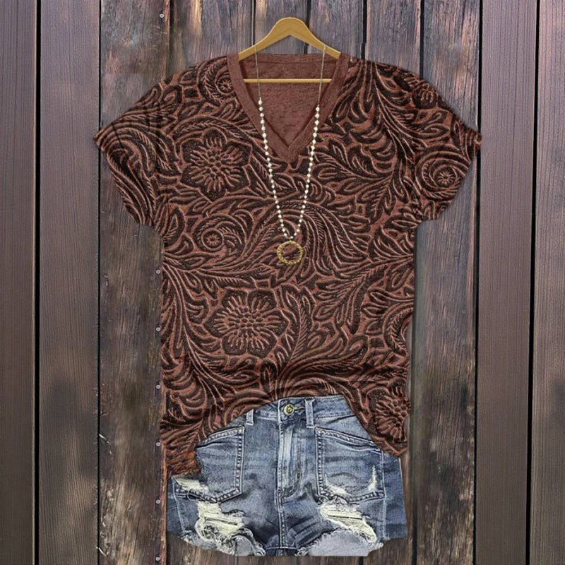 Vintage T-shirt med Blommigt Tryck – Kortärmad V - Ringning för Vår och Sommar - STILUNA