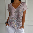 Vintage T-shirt med Blommigt Tryck – Kortärmad V - Ringning för Vår och Sommar - STILUNA