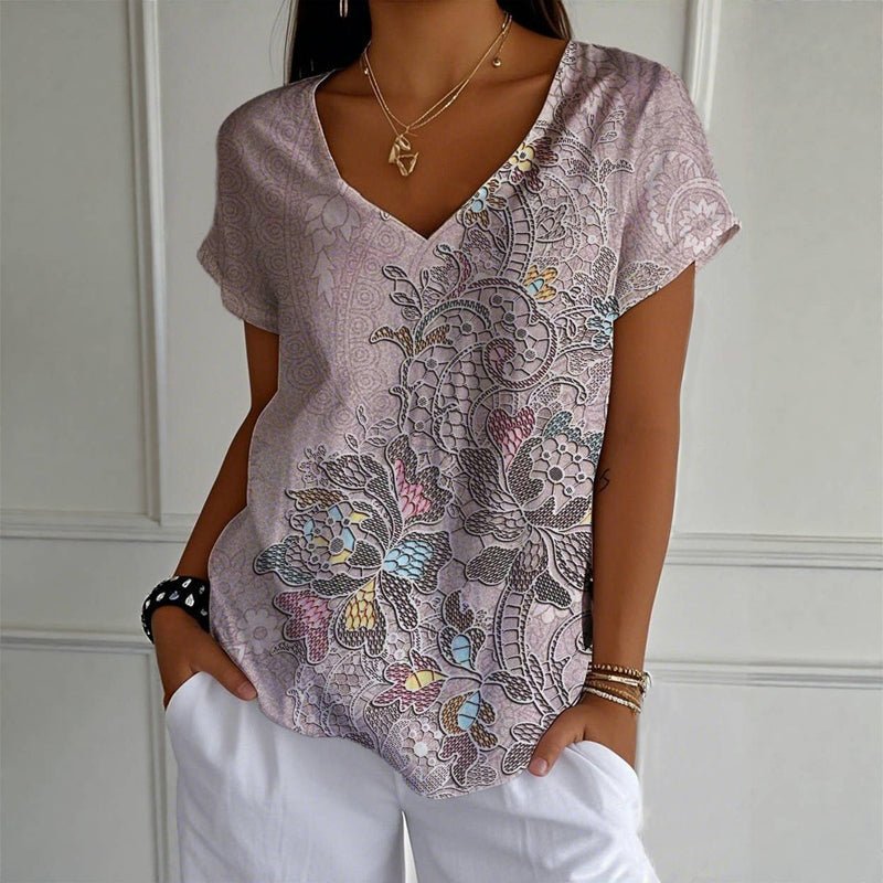 Vintage T-shirt med Blommigt Tryck – Kortärmad V - Ringning för Vår och Sommar - STILUNA