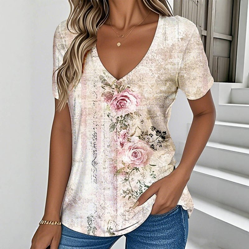 Vintage T-shirt med Blommigt Tryck – Kortärmad V - Ringning för Vår och Sommar - STILUNA
