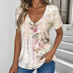 Vintage T-shirt med Blommigt Tryck – Kortärmad V - Ringning för Vår och Sommar - STILUNA