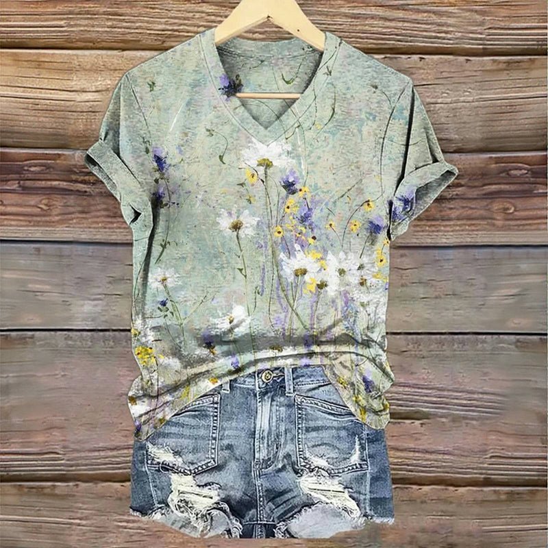 Vintage T-Shirt med Blommigt Tryck – Kortärmad V - Ringning i Bomull och Polyester för Vår och Sommar - STILUNA