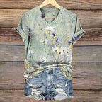 Vintage T-Shirt med Blommigt Tryck – Kortärmad V - Ringning i Bomull och Polyester för Vår och Sommar - STILUNA