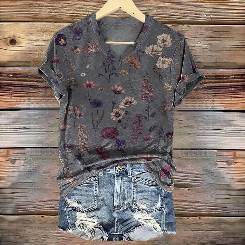 Vintage T-Shirt med Blommigt Tryck – Kortärmad V - Ringning i Bomull och Polyester - STILUNA
