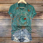 Vintage T-shirt med Blommigt Tryck – Kortärmad V - Ringning i Bomull och Polyester - STILUNA