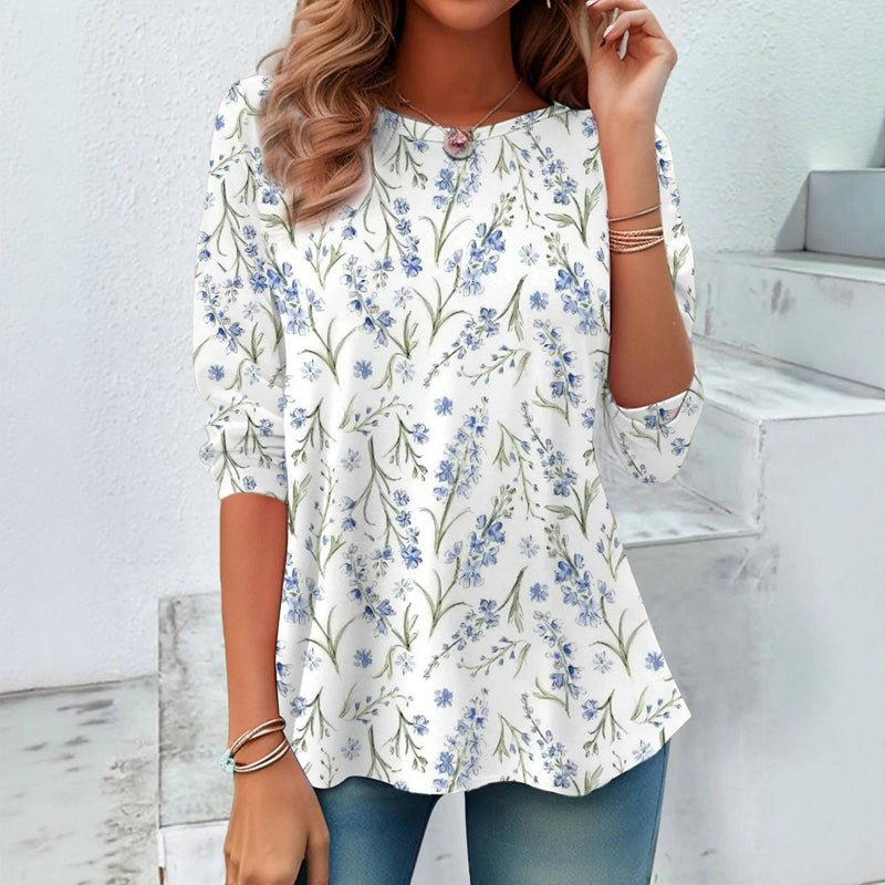 Vintage T-shirt med Blommigt Tryck – Långärmad Rundhalsad Topp i Bomull och Polyester - STILUNA