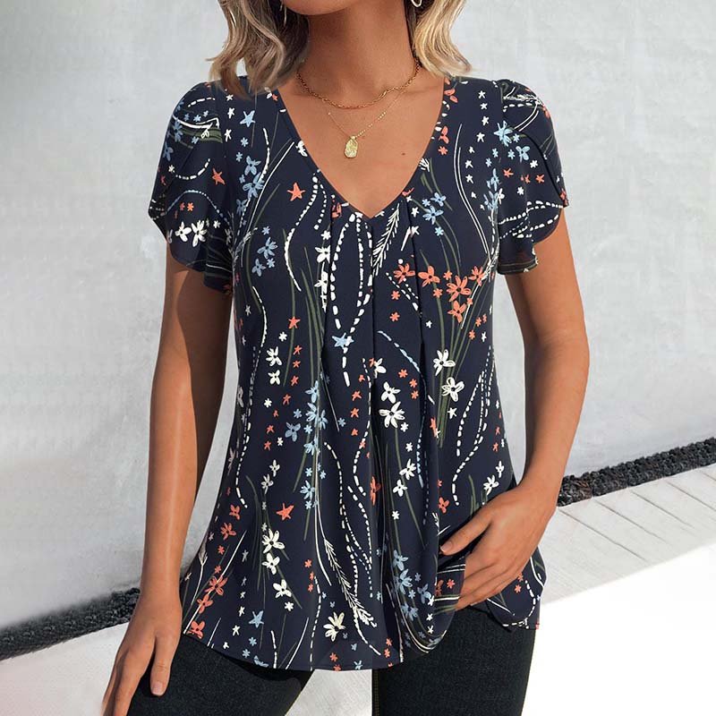 Vintage T-shirt med Blommönster i Bomull och Polyester – Kortärmad V - Ringning för Vår och Sommar - STILUNA