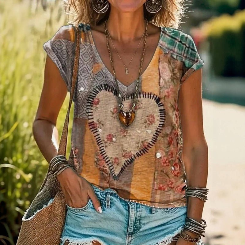 Vintage T-shirt med Hjärttryck i Bomullspolyester – Kort Ärmar och V - ringning - STILUNA